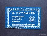 TT Etiketti K.Ryynnen Varpaisjrvi Lukkarila Savo sininen
